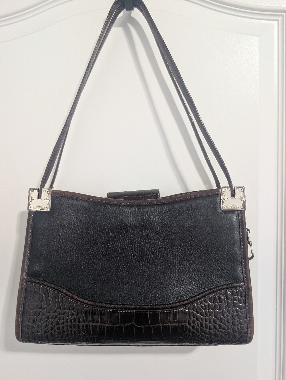 Y2K Brighton Black Shoulder Bag with Dark Brown Croc Trim and Silver Accents